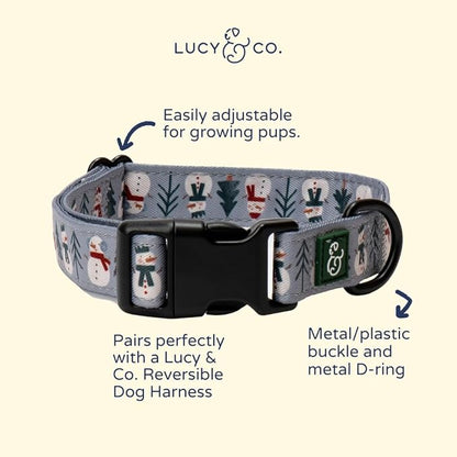 Lucy & Co. Dog Collar - Durable Lightweight Designer Collar for Pets - Adjustable Metal Safety Buckle - Holiday Collar, Snow Much Fun, Gray & White Snowman - Small
