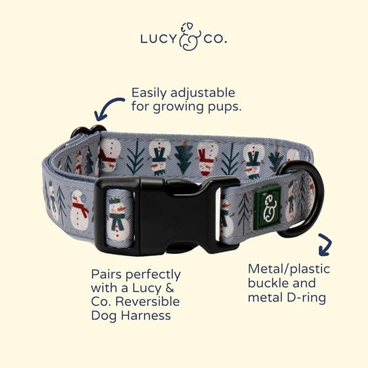 Lucy & Co. Dog Collar - Durable Lightweight Designer Collar for Pets - Adjustable Metal Safety Buckle - Holiday Collar, Snow Much Fun, Gray & White Snowman - Small