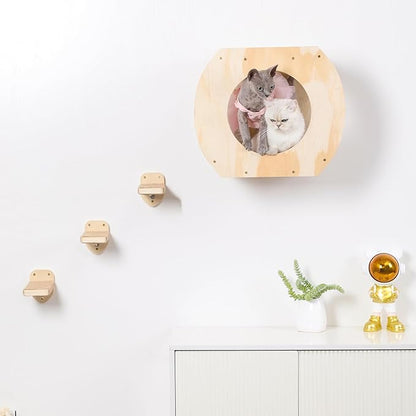 Cat Shelves - 3 Steps, Wall Climbing Shelf with Plush Covered Bed, Large Cats Set