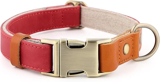 Plutus Pet Genuine Leather & Hemp Dog Collar – Adjustable Heavy Duty Pet Collar with Quick Release Metal Buckle, Soft & Stylish for Puppy and Small, Medium, Large Dogs (Red, L)
