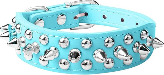 Spiked Dog Collar Soft Pu Leather Mushrooms Rivet Spike Studded Puppy Adjustable Pet Collars for Small Breeds (L, Light Blue)