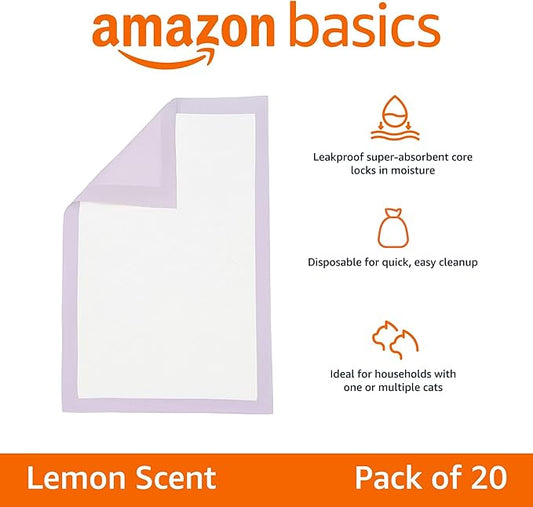 Amazon Basics Cat Litter Pee Pads, Super Absorbent, Odor Control with Lemon Scent, Disposable, Universal Fit for Litter Box, Multi Cat, Purple and White, 20 Count