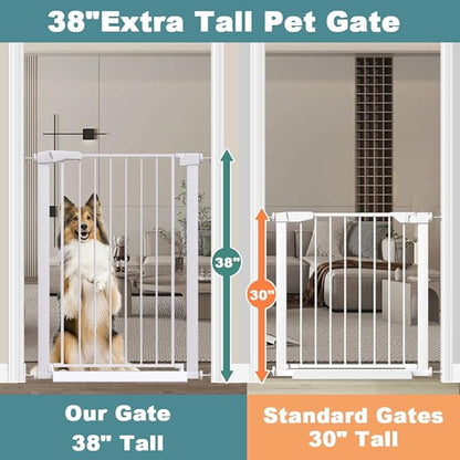 Fairy Baby 38" Extra Tall Baby Gate for Stairs, 76.4"-81.8" Extra Wide Large Pet Gate for Doorways, Metal Pressure Mounted Auto Close Safety Child Dog Gate Indoor for Toddler Kids or Pets, White