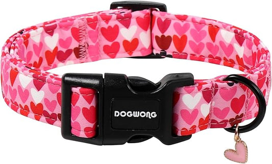 DOGWONG Valentine Dog Collar, Pink Heart Dog Collar, Girl Female Dog Collars with Strong Plastic Buckle for Small Medium Dogs,S