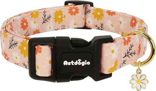 Dog Collar for Extra Small Dogs, Spring &Summer Theme Orange Small Dog Collars with Flower Pattern, Adjustable Puppy Dog Collars, Cute Girl or Boy Dog Collar Ideal for Gifts,Pet Accessory,L