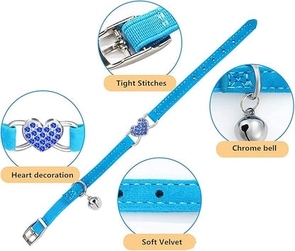 Heart Bling Cat Collar with Safety Belt and Bell Adjustable 8-10 inches for Kitten Cats (Blue)