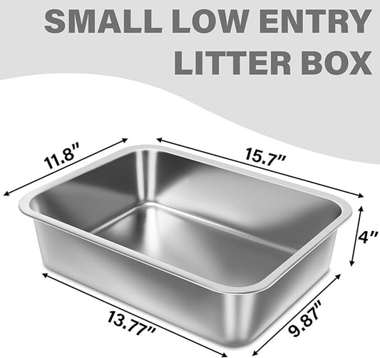 Small Stainless Steel Litter Box,15.7"x11.8"x4" Kitten Litter Box, Easy Clean Non Stick Easy Entry No Smell Metal Litterbox for Kittens/Kitty/Rabbits
