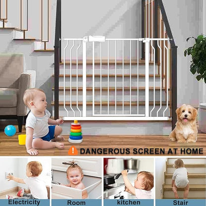 57.5-62" Extra Wide Baby Gate for Doorways,30" Tall Double Lock Mechanism Metal Dog Gate Pressure Mount，Automatic Closing Child Safety Gate,White