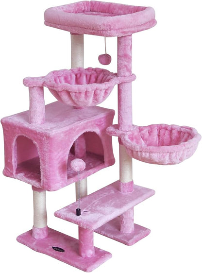 KIYUMI Cat Tree Cat Tower Condo with Sisal Scratching Post for Indoor Cats Cat Tree Cat Furniture with Hammock Perch and Kitten Ball Toys, Multi-Level Pet Activity Center Pink