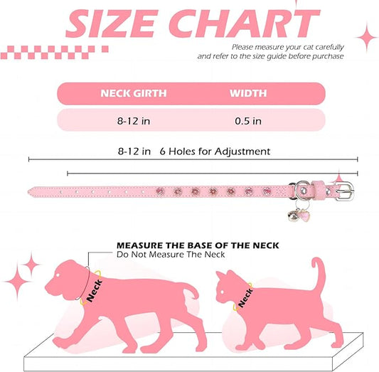 EXPAWLORER Leather Cat Collar for Girl Boy- Adjustable Pet Collar with Safety Elastic Belt,Personalized Rhinestone Accessories Buckle Collars with Bell & Durable D-Ring,Rhinestone (Pink)