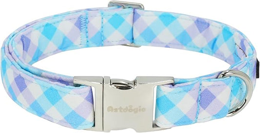 Cotton Collar for Dog，Soft Adjustable Dog Collars for Medium Dogs, Cute Dog Collar with Blue & White Plaid for Small Medium Large Dogs, Perfect for Girl or Boy Dog Collars-M