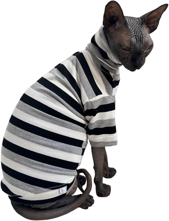 Vintage Stripes Sphynx Hairless Cats Shirt Cotton Cat Turtleneck Pet Clothes Kitten T-Shirts with Sleeves for Sphynx Cats (Black Grey White, Medium)