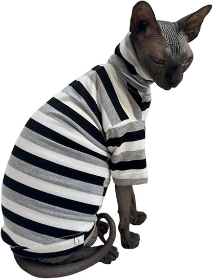 Vintage Stripes Sphynx Hairless Cats Shirt Cotton Cat Turtleneck Pet Clothes Kitten T-Shirts with Sleeves for Sphynx Cats (Black Grey White, Small)