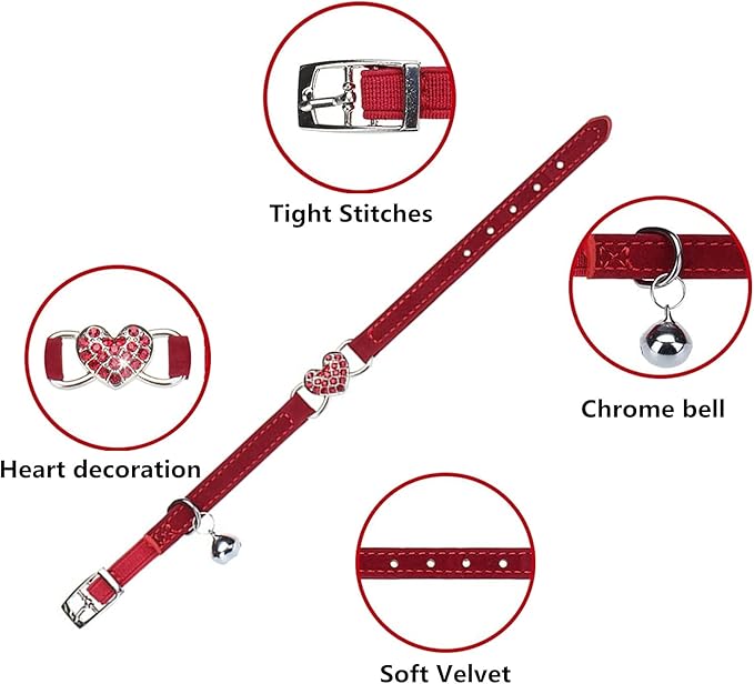 Heart Bling Cat Collar with Safety Belt and Bell Adjustable 8-10 inches for Kitten Cats (Black+Red)
