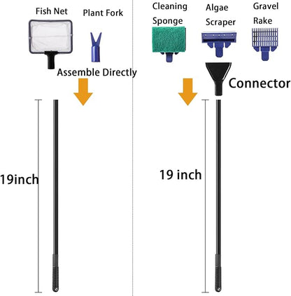 TOPZEA Aquarium Cleaning Tool Kit, 5 in 1 Fish Tank Cleaner Tools Set Including Algae Scraper, Fish Net, Cleaning Sponge, Plant Fork, Gravel Rake, with 19 Inch Long Handle