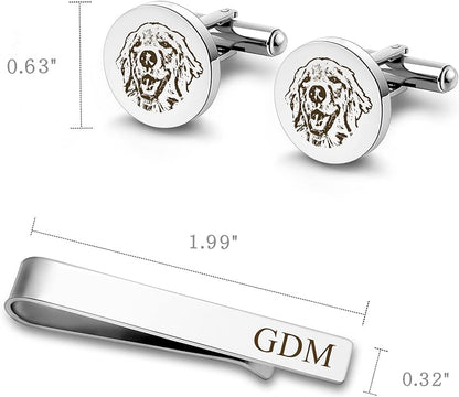 Anavia Pet Portrait & Handwriting Cufflinks Tie Clip Gift Box Set, Personalized Sketch Style Photo Engraving Men's Jewelry Accessories for Father Dad Brother Boyfriend Husband Wedding Birthday Gift
