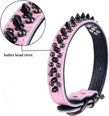 Spiked Studded Dog Collar, Genuine Leather Dog Collar, Adjustable Pet Collars for Medium Large Bulldog Pitbull Mastiff Poodle Boxer (M:29-38cm, Brown)
