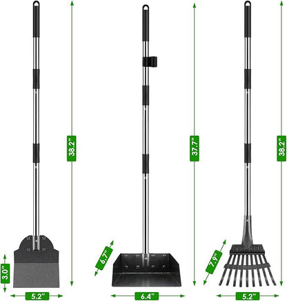 Pooper Scooper, Long Handle Dog Pooper Scooper, Heavy Duty Stainless Steel Rake, Tray & Spade Set for Pet Waste Removal, Use on Grass, Dirt or Gravel