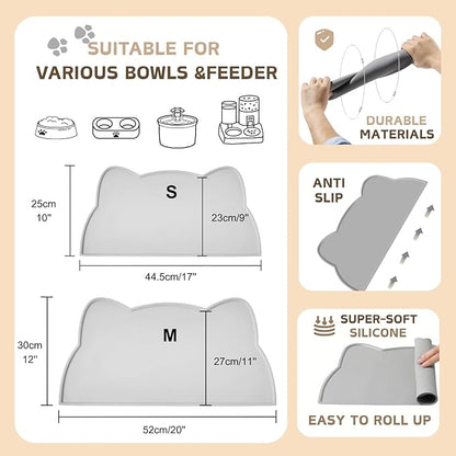 Cat Food Mat, Silicone Pet Feeding Mat for Floor Non-Slip Waterproof Dog Water Bowl Tray Cushion (17" x 10", Light Gray)