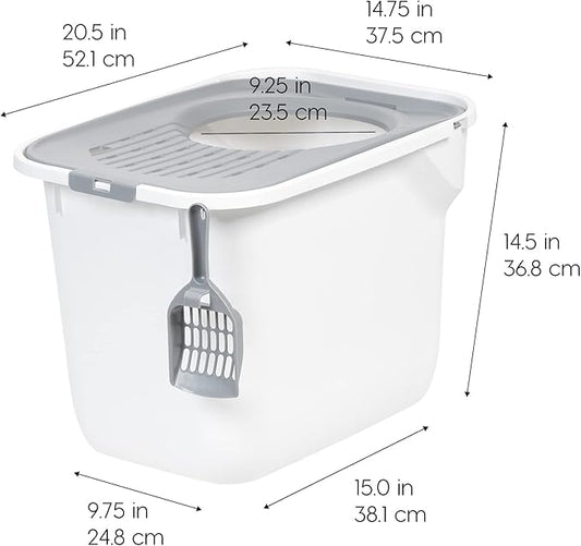 IRIS USA Cat Litter Box, Large Cat Box Enclosure, Top Entry with Litter Catching Lid, Enclosed with Scoop, White/Gray