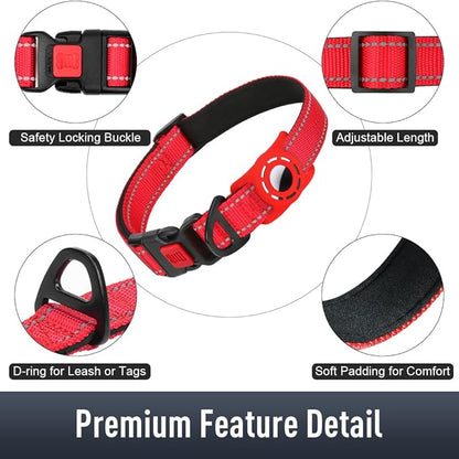Airtag Dog Collar with AirTag Holder for Large Dogs, Reflective, Soft Padded & Safety Locking Buckle, Nylon Pet Collars Adjustable for All Breeds, Red,XL