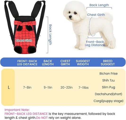Dog Backpack Carrier, Front Pocket for Essentials, Pet Sling Front Backpacks for Small Medium Dogs 7-11 Lbs, Legs Out, Adjustable Wearable Puppy Chest Travel Bag, Easy-Fit for Hiking/Walking/Camping