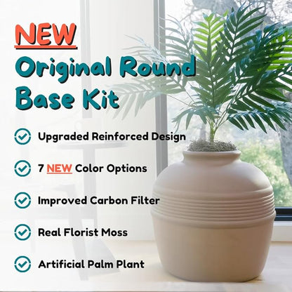 Good Pet Stuff Hidden Litter Box Planter, Decorative Cat Litter Enclosure with Carbon Filter, Artificial Plant, Easy Clean, Improved Design, Round Style, Base Kit, Chestnut Brown