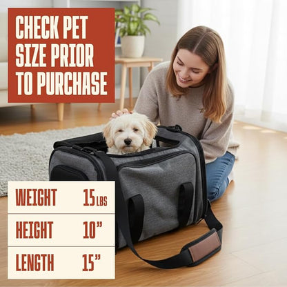 Soft Sided Pet Carrier for Small Dogs & Cats up to 9 Lbs - Breathable 100% Polyester Travel Bag with Luggage Strap & Washable Mat - Airline Approved Underseat Fit - Grey
