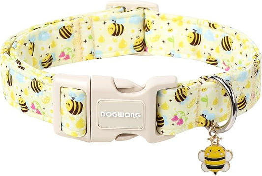 DOGWONG Spring Summer Dog Collar- Bee Flower Dog Collar, Adjustable Soft Girl Boy Dog Collar for Small Medium Large Dogs, L