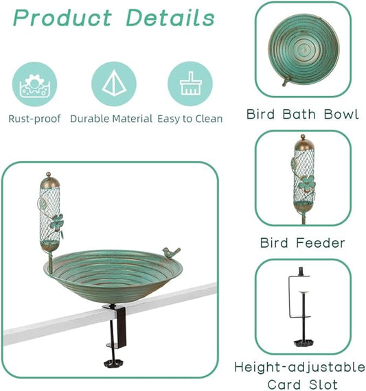 DREAMSOUL 13 Inches Deck Bird Bath, Metal Bird Bath Bowl Unheated with Clamp Detachable, Bird Baths for Outdoors Railing Balcony Garden Decor