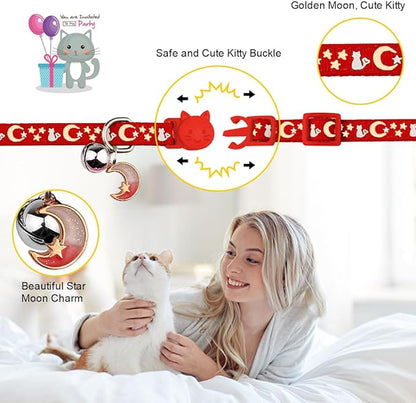2PCS Breakaway Cat Collars with Bell Cute Kitty Glow in The Dark Adjustable Kitten Collars 7.9-13.0 Inch(Red&Purple)