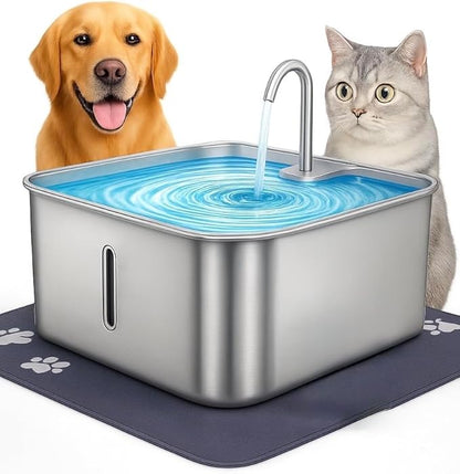 RMH 7L Stainless Steel Dog & Cat Water Fountain with Large Waterproof Mat – Automatic Pet Drinking Fountain for Large Dogs & Multi-Pet Homes, Quiet Pump, 3-Stage Filtration, LED Water Window