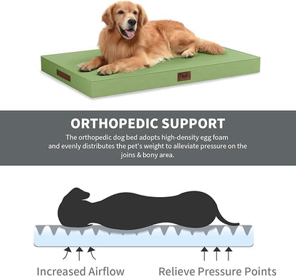 Outdoor Large Washable Dog Bed, Orthopedic Egg Crate Foam Dog Crate Mat for Large Dogs with Removable Oxford Cooling Cover, Light Green