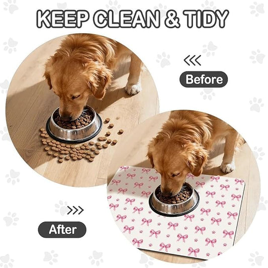 Pink Bow Dog Food Mat for Pet Cat Food Mat, Paws Absorbent Quick Dry Dog Bowl Mats for Food and Water, Non-Slip Cat Pet Feeding Mats for Floor Placemats 12"x20"