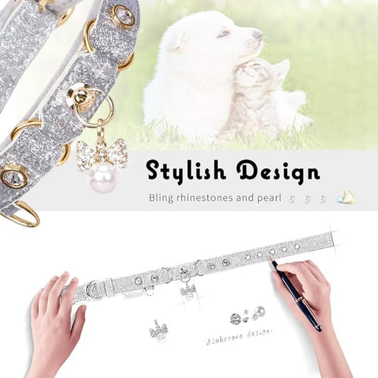 PetsHome Cat Collar, Dog Collar, [Bling Rhinestones] PU Leather Adjustable Pet Collar with Luxury Pendant for Cat and Small Dog Extra Small Silvery