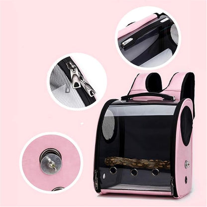 Bird Carrier Clear Parrot Outing Backpack APET Transparent Acrylic Bird Travel Carrier Parrot Travel Cage Panoramic Pet Backpack for Puppy Kitten 33x38x17cm (Pink)