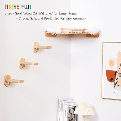 Cat Shelves - 3-Step Wall Climbing Set with Plush Bed, Ideal for Large Cats - RubberWood