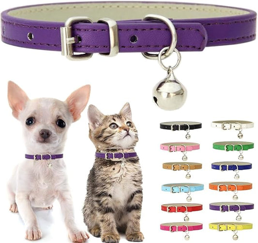 Purple Puppy Collar with Bell, Soft Pu Leather Cat Collars Adjustable Buckle for XXS XS Extra Small Medium Tiny Female Male Boys Girls Pets Dogs Kitten Teacup Yorkie S