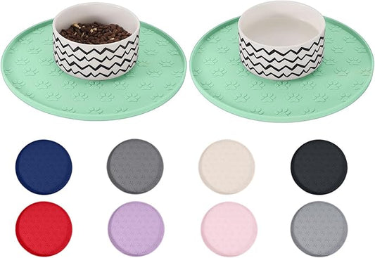 Comtim Waterproof Dog Food Mat - 2 Pack Silicone Pet Food Mat Dog Food Bowl Mats Cat Water Mats Eating Tray, Non-Slip Pet Placemat with Lip for Messy Drinkers to Protect Floor,Mocha Green 11"