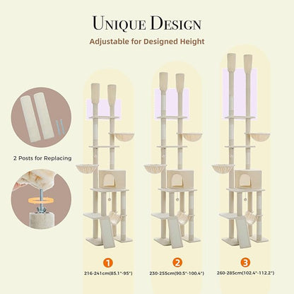 Floor to Ceiling Cat Tree Height (85-112 Inches) Adjustable, Tall Cat Tower 7 Tiers Activity Climbing Tower, Large Cat Tree with Cozy Hammocks, 5 Platforms and Scratching Posts for Indoor Cats-Beige