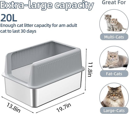 2PACK Stainless Steel Cat Litter Box with Lid,19.7” L x 13.8” W x 11.8”H Deep,Large Metal Litter Box with High Side,for Small and Large Cats,Anti-Leakage Non-Sticky Include Litter Scoop