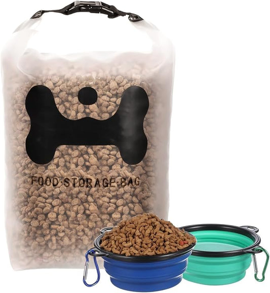 ANVS Silicone Pet Food Storage Bag,40-Cup Dog Food Travel Bag with 2PCS Collapsible Bowls, Perfect for Camping Trip, Dog Boarding, Weekend Getaways and Travel
