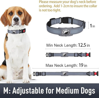 Airtag Dog Collar with AirTag Holder for Medium Dogs, Reflective, Soft Padded & Safety Locking Buckle, Nylon Pet Collars Adjustable for All Breeds, Grey,M