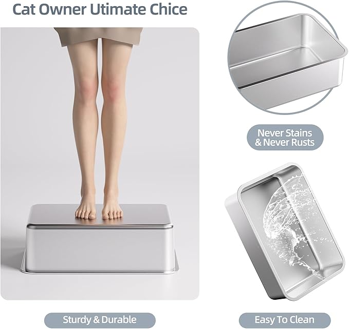 2PACK Stainless Steel Cat Litter Box with Lid,19.7” L x 13.8” W x 11.8”H Deep,Large Metal Litter Box with High Side,for Small and Large Cats,Anti-Leakage Non-Sticky Include Litter Scoop