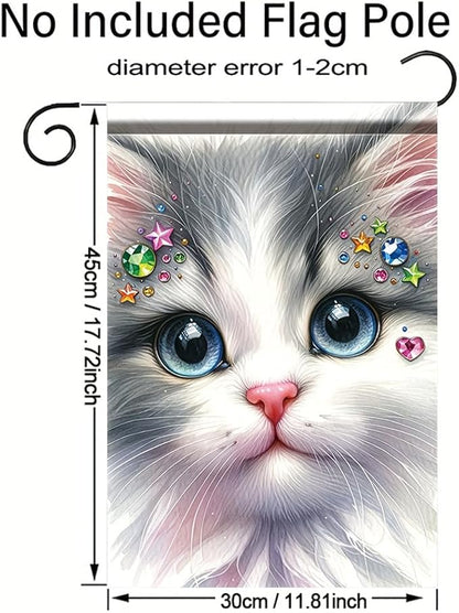 Cute Kitty Garden Flag 12x18 Inch Bling Rhinestone Cat Face Banner Double Sided Kitten Yard Decor for Cat Lovers, Spring Summer Outdoor Decoration