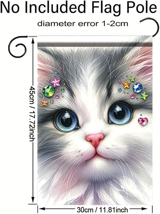 Cute Kitty Garden Flag 12x18 Inch Bling Rhinestone Cat Face Banner Double Sided Kitten Yard Decor for Cat Lovers, Spring Summer Outdoor Decoration