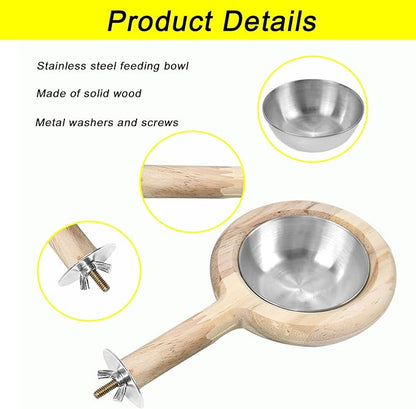 ASOCEA 2 Pack Bird Perch Feeding Cup, Bowls for Cage Wooden Perch Stand Hanging Bowls for Bird Cage Accessory Parrot Wood Perch Stand Toy for Parakeet Lovebird Cockatiel Budgie
