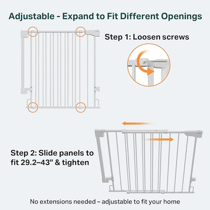 Cumbor 29.2–43" Baby Gate for Stairs, Wall-Mounted (Drill Required), Expandable No Bottom Bar Dog Gate, Auto Close Extra Wide Walk Thru, Pet & Toddler Proof Gate, Top & Bottom of Stairways (White)