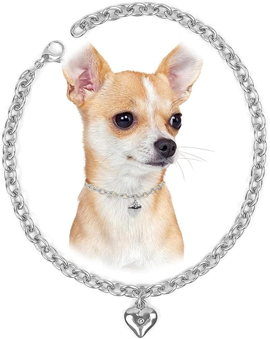 HOWWFALY Dog Collar and Cat Chain Necklace Stainless Steel Adjustable 18K Sliver Heart-Shaped Necklace for Small Pets Cats Kitten Puppy (Sliver, 10 inch)