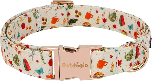 Autumn Dog Collar，Soft Cotton Handmade Pet Collar with Autumn Tea Party Design for Small Medium Large Dogs, Adjustable Collars for Fall Walks，Tea-Time Adventures & Fireside Snuggles -M
